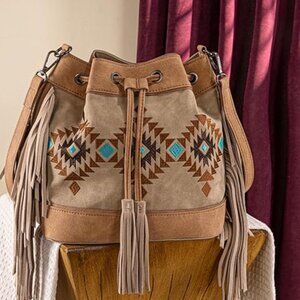 NEW! Aztec Bucket Bags for Women Western Fringe Crossbody Bag-Tan